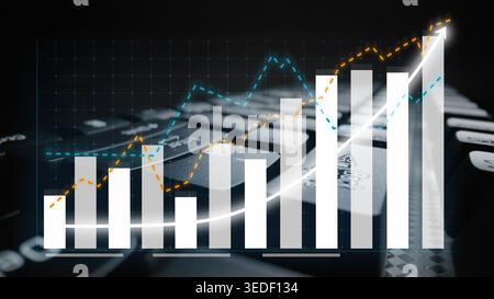 Eine eindrucksvolle Darstellung des digitalen Wachstums mit Balkendiagrammen und Liniendiagrammen, die eine Tastatur überlagern, ideal zur Veranschaulichung von Geschäftsanalysen und Stockfoto