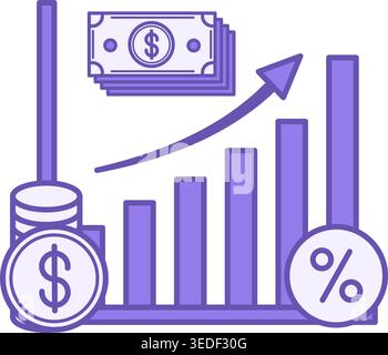 Farbiges Symbol „Groß-/Kleinschreibung“. Vektorabbildung. Zinsabgrenzung für Kapitalsumme. Dollar, Währung, Einkommenssteigerung. Diagramm wird mit dem Aufwärtspfeil erhöht. St Stock Vektor