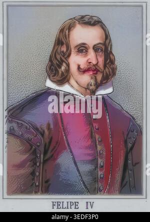 Das Bild zeigt den spanischen König Philipp IV., Felipe IV., der von 1621 bis 1665 regierte, Schulbild, farbige Reproduktion einer Schulplakette, um 1900, exaktes Datum unbekannt, historisch Stockfoto