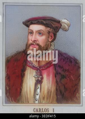 Das Bild zeigt ein Porträt von Karl V. (1500–1558), der als Karl I. auch König von Spanien war. Er regierte ab 1519/1520 das Heilige Römische Reich und ab 1516 Spanien. Das ist ein Schulbild, eine farbige Reproduktion einer Schulplakette, um 1900, exaktes Datum unbekannt. Historisch. Stockfoto