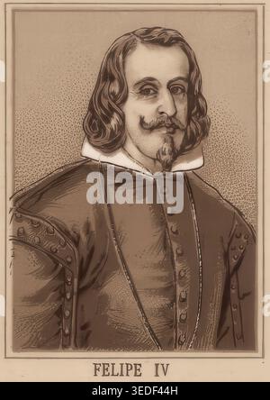 Das Bild zeigt den spanischen König Philipp IV., Felipe IV., der von 1621 bis 1665 regierte, Schulbild, authentische Reproduktion einer Schulplakette, um 1900, exaktes Datum unbekannt, historisch Stockfoto