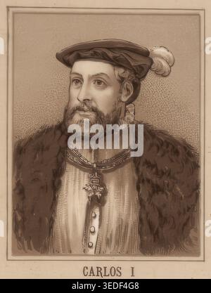 Das Bild zeigt ein Porträt von Karl V. (1500–1558), der als Karl I. auch König von Spanien war. Er regierte ab 1519/1520 das Heilige Römische Reich und ab 1516 Spanien. Das ist ein Schulbild, eine authentische Reproduktion einer Schulplakette, um 1900, genaues Datum unbekannt. Historisch. Stockfoto
