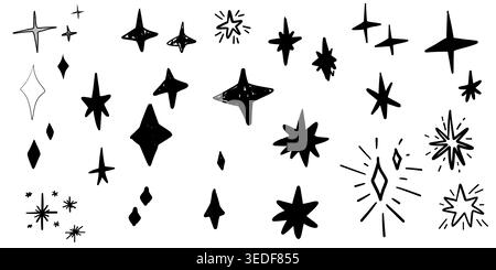 Schwarze Kreidekreide Kritzelsterne gesetzt. Glänzendes und funkelndes, von Hand gezeichnetes goldenes Element. Stilvektor für Kinder. Sternförmige Formen mit Grunge-Textur. Stock Vektor