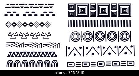Setzen Sie afrikanische Stammesmotive in handgezeichnetem Doodle-Stil aus isolierten geometrischen Formen. Traditionelle einheimische Einrichtung Stock Vektor
