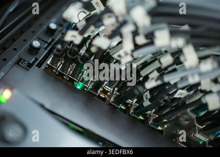 Diese detaillierte Nahaufnahme zeigt verschiedene organisierte Kabel, die mit einem Server verbunden sind, und hebt Technologien und Netzwerke hervor, die für die Datenverwaltung unerlässlich sind Stockfoto
