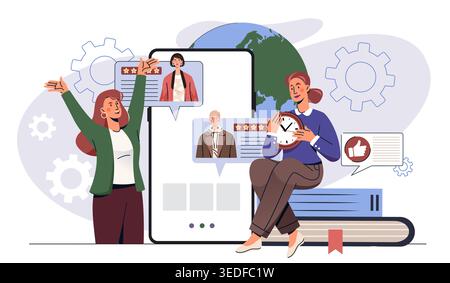 Konzept für Online-Rezensionen. Frauen in der Nähe von Smartphones mit Benutzerbewertungen. Benutzermeinungen im Internet. Social-Media-Marketing. Rangliste und Bewertungen. Flacher Vektor Stock Vektor