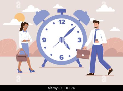Menschen, die zur Arbeit eilen. Mann und Frau laufen an der riesigen Uhr vorbei. Schlechtes Zeitmanagement. Unternehmer und Geschäftsmann auf der Straße. Die Mitarbeiter beeilen sich ins Büro Stock Vektor
