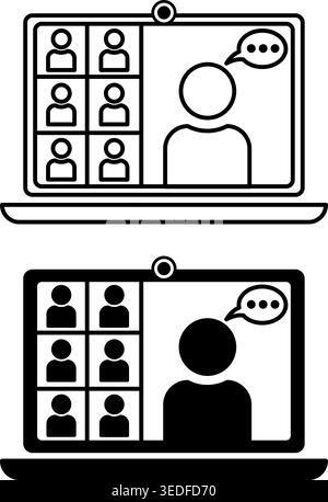 Symbole Für Online-Meetings. Schwarzweiß-Vektorsymbole. Chef hält Online-Meeting mit Mitarbeitern ab. Seminar oder Konferenz Online. Laptop mit Videokamera Stock Vektor