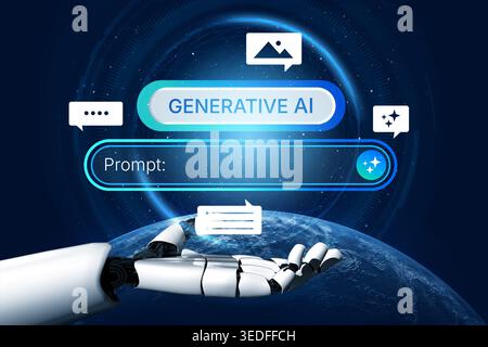 Generative AI Prompt Interface Konzept zur Erstellung von Inhalten. Prompt Design, KI Prompt Engineering, Workflow, Eingabeaufforderungen für Text, Bild und KI Stockfoto