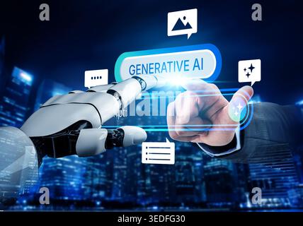 Generative AI Prompt Interface Konzept zur Erstellung von Inhalten. Prompt Design, KI Prompt Engineering, Workflow, Eingabeaufforderungen für Text, Bild und KI Stockfoto