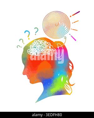 Abstraktion: Ein Mensch denkt, Gedanken sind das farbige Gehirn. Vektorabbildung. Handgezeichnet. Nicht AI Stock Vektor