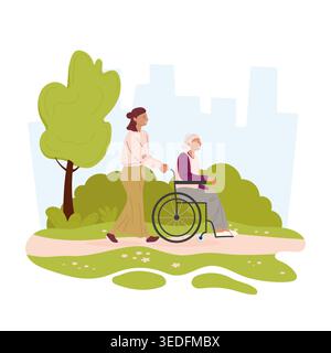 Altenpflege. Tochter nimmt ältere Mutter im Rollstuhl zum Spaziergang im Stadtpark mit. Vektorillustration für die Familienpflege. Stock Vektor