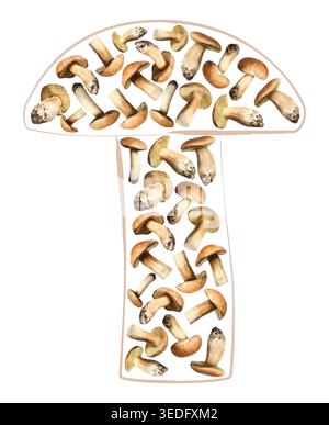 Pilze in Form von Stachelschweinen auf weißem Hintergrund angeordnet Stockfoto
