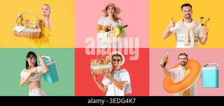 Collage junger Menschen mit Picknickkörben und tragbaren Kühlschränken auf farbigem Hintergrund Stockfoto