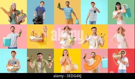 Collage von jungen Leuten mit Picknickkörben, Grill und tragbaren Kühlschränken auf farbigem Hintergrund Stockfoto