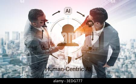 Zwei Business Professionals arbeiten an humanzentrierten KI-Konzepten mit futuristischem Stadtbild-Hintergrund Haptic zusammen. Stockfoto