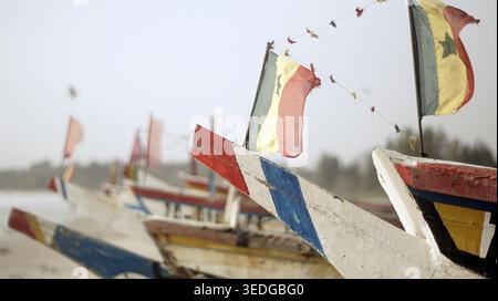 Set von farbenfrohen Fischerbooten mit Flaggen, Flaggen von Senegal, an der Küste, stimmungsvoll festlich, Cap Skirring, Casamance, Senegal Stockfoto
