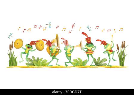 Festliche Komposition mit einer Parade von Fröschen, die Musikinstrumente spielen. Handgezeichnete Aquarellillustration, Zeichentrick. Tier, Karte, Einladung Stockfoto