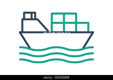 Line Art Icon eines Frachtschiffes, das Container auf blaugrünen Wellen transportiert. Minimalistisches Vektordesign für Seeverkehr, Seefracht und Internat Stock Vektor