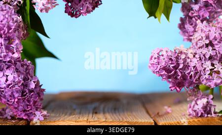 Fliederblumen umgeben einen Holztisch auf einem hellblauen Hintergrund im Frühling Stockfoto