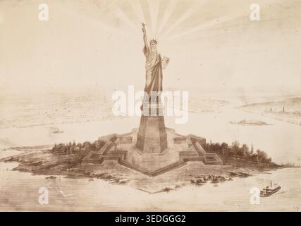 Historisches Bild einer Fotografie einer Zeichnung der Freiheitsstatue in der Upper New York Bay, die Frédéric Auguste Bartholdis monumentales Design zeigt, das von seinem Sockel mit strahlendem Licht über dem Hafen ragt, fotografiert von Albert Fernique, Paris, 1883. Stockfoto