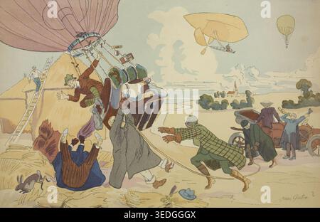 Historisches Illustrationskunstwerk der Atterrissage d'un ballon libre von Pierre Gatier, das eine chaotische frühe Heißluftballonlandung zeigt, bei der Passagiere in eine ländliche Landschaft stürzen, während die Zuschauer reagieren, aus Le Triomphe de l'Aéronautique. Etwa Anfang des 20. Jahrhunderts. Stockfoto