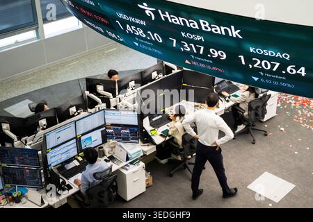 Seoul, Seoul, Südkorea. Mai 2026. Eine elektronische Platine bei einer Bank in Seoul zeigt erstmals den Korea Composite Stock Price Index (KOSPI) über der Marke 7.000 an. (Kreditbild: © Suh Jeen Moon/ZUMA Press Wire) NUR REDAKTIONELLE VERWENDUNG! Nicht für kommerzielle ZWECKE! Stockfoto
