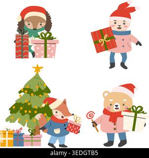 Niedliche weihnachtstiere mit Geschenken im Retro-Cartoon-Stil. Flache Vektor-Illustration mit chrismas Baum und Lichtern, Geschenkboxen und Zuckerstangen. Woodl Stock Vektor