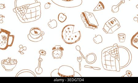 Handgezeichnetes Picknick-Set mit nahtlosem Muster im Vintage-Stil Stockfoto