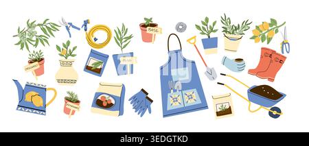 Set aus Gartengeräten, Kräutern und Pflanzen im mediterranen Gartenstil. Umfasst Töpfe mit Basilikum, Olive und Rosmarin sowie Werkzeuge wie z. B. Stock Vektor
