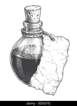 Eine aufwändige Vintage-Illustration einer runden Glastränkflasche mit einem großen, leeren zerrissenen Pergamentetikett. Perfekt für Fantasy-RPG-Assets Stock Vektor