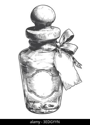 Eine elegante Vintage-Gravur einer quadratischen Flasche aus Glas, die mit einem Band und einem leeren Etikett verziert ist. Ideal für hochwertige Kosmetikverpackungen, bot Stock Vektor