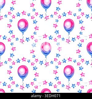 Festliches Aquarellmuster mit leuchtenden rosa und blauen Ballons, umgeben von kreisförmigen Sternen. Handgezeichnete Feier Stockfoto