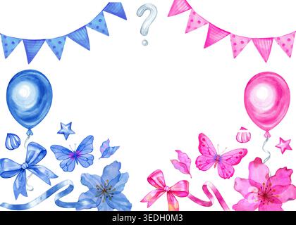 Aquarellfarbe Geschlecht Enthüllung Illustration mit blauen und rosa festlichen Elementen - Ballons, Fahnen, Schmetterlinge, Blumen, Bögen, und eine Frage Stockfoto