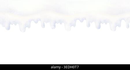 Wasserfarbe Winter Schnee nahtlose Grenze mit weichen tropfenden Kanten isoliert auf weiß. Gemütliches, wiederkehrendes oberes Banner für saisonale Designs. Handbemalt Stockfoto