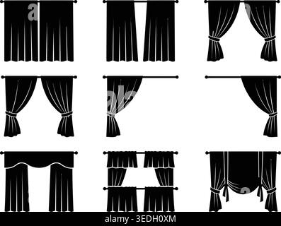 Elegante Fenster Vorhänge und Vorhang Silhouette Set Vektor Illustration Stock Vektor