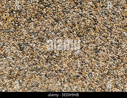 Glatte Oberfläche kleiner Kieselsteine von oben gesehen. Hintergrundstruktur Stockfoto