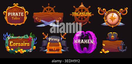 Zeichentrickfilme Piraten-Heraldik-Ikonen Spielmaterial. Vektorpiraten-Schatzkiste, Seeschiffanker und -Rad, Korsair-Kapitänsmütze mit Schädel, gekreuzte Schwerter und Kompass, Piratengold, Seile und Kraken-Ikonen Stock Vektor
