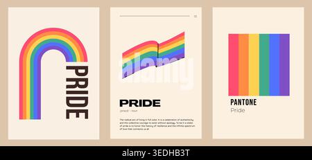 Pride-Poster-Set aus Neo-Modernist mit Regenbogenpalette und geometrischem Bogen aus den 70er Jahren. LGBTQIA Galerie Wandkunst, Retro Bauhaus ästhetische vertikale Banner für Stock Vektor
