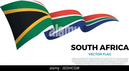 Flagge von Südafrika. Die eleganten Kurven und die realistische Schattierung erzeugen ein Gefühl der Bewegung. Stock Vektor