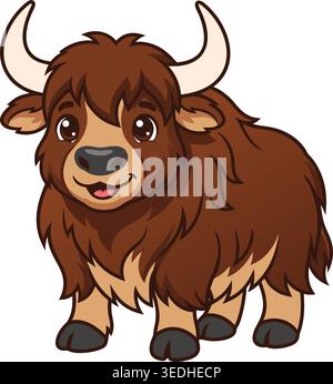 Niedliche Baby-Yak-Zeichentrickfigur, die mit einem glücklichen Lächeln und großen glänzenden Augen steht Stock Vektor