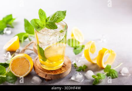 Hausgemachte erfrischende Sommerlimonade mit Zitronenscheiben, Minzblättern und Eis im Glas. Stockfoto