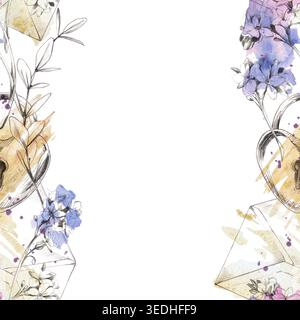 Niedliche romantische Ikonen mit goldenem Schloss, handgezeichnetem Papierumschlag, blauen und rosa Myosotis-Vergissmeinblumen, die mit Bleistift und Aquarell handgezeichnet sind. Nahtlos Stockfoto