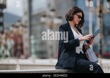 Geschäftsfrau, die ein Tablet benutzt, während sie im professionellen Outfit auf der Stadtbank sitzt Stockfoto