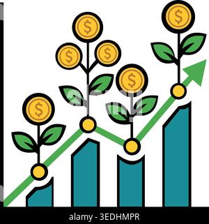 Kreative flache Vektor-Illustration, die das Finanzwachstum mit Münzen zeigt, die als Pflanzen wachsen, neben einem nach oben gerichteten Balkendiagramm und Pfeil. Repräsentiert Investitionen Stock Vektor