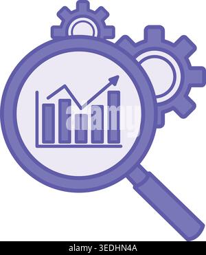 Farbige Suchsymbole. Vektorabbildung. Umsatzwachstumsdiagramm und Vergrößerungsglas. Erfassen, Analysieren und Verwenden von Marktinformationen. Digital M Stock Vektor