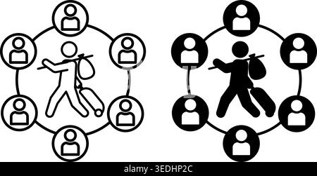 Symbole Für Community-Support. Schwarzweiß-Vektor-Illustrationen. Flüchtling mit Koffer und Leute in der Nähe. Unterstützung für Menschen in schwierigen Sitzen Stock Vektor