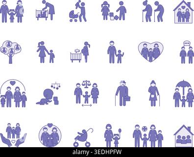 Symbolgruppe Für Farbige Familie. Vektorillustrationen Eltern, Mutter, Vater, Kinder, Großmutter, Großvater, Adoption, Schwangerschaft, Zwillinge, Baby in Strolle Stock Vektor