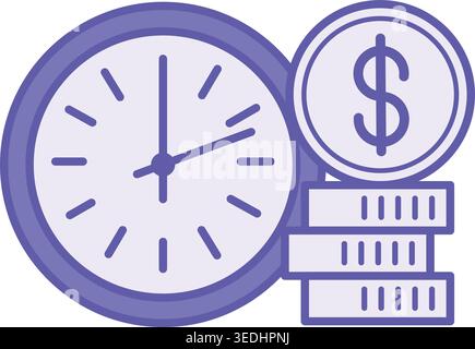 Farbiges Money Time-Symbol. Vektorabbildung. Uhr und Stapel Dollar-Münzen. Wirtschaft und Finanzen. Dollar-Konzept Stock Vektor