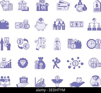Farbige Dollarsymbolgruppe. Vektor-Illustrationen: Geld, Banknote, Geldbörse, Gewinn, Bank, Investition, Einkommen, Preis, Piggy Bank, Budget, und vieles mehr Stock Vektor